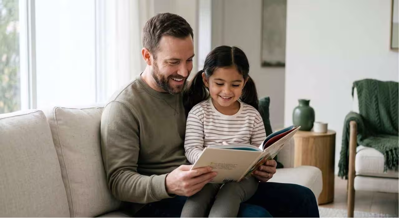 A parent reading with their child at home